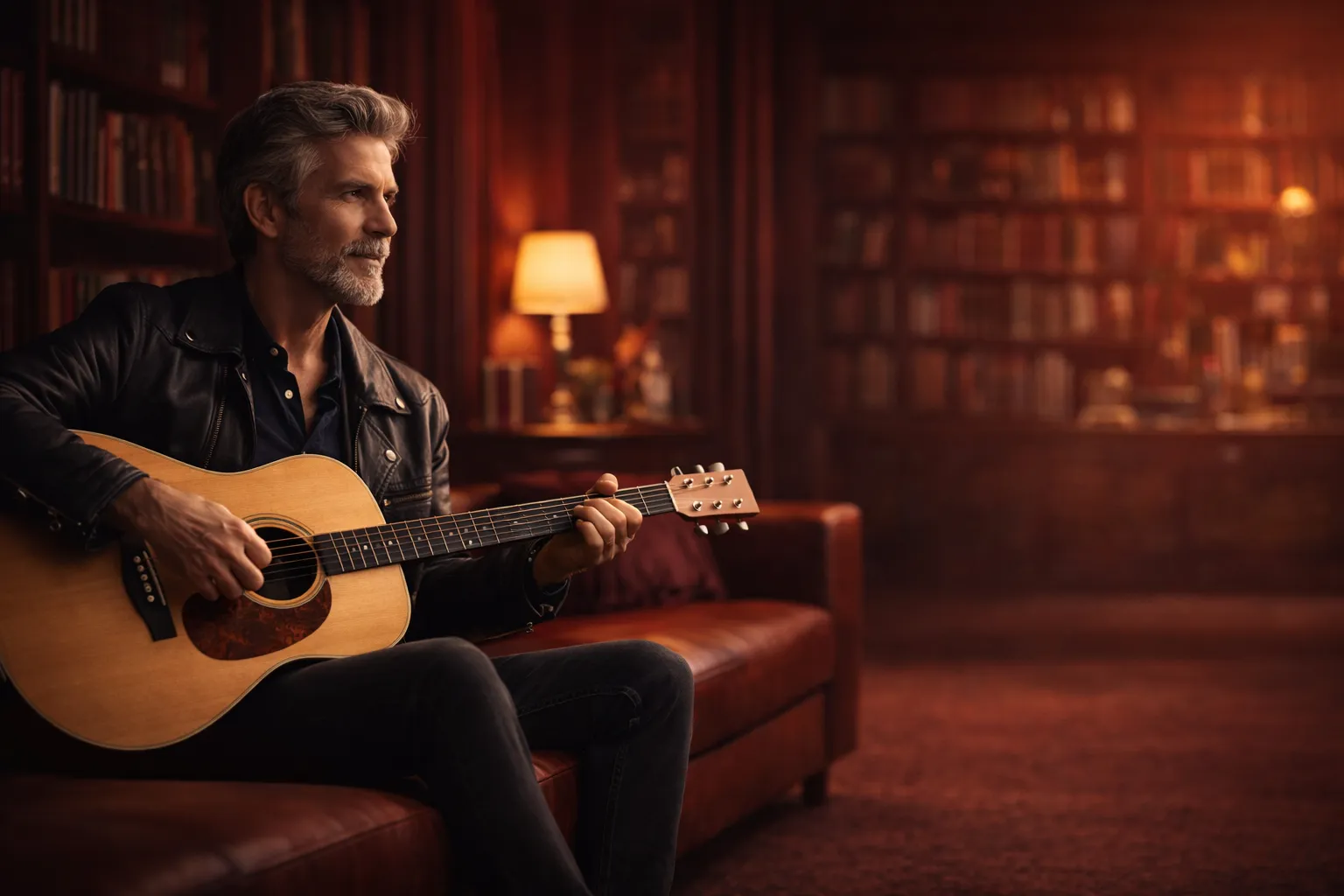 Guitariste en train de jouer dans une ambiance chaleureuse