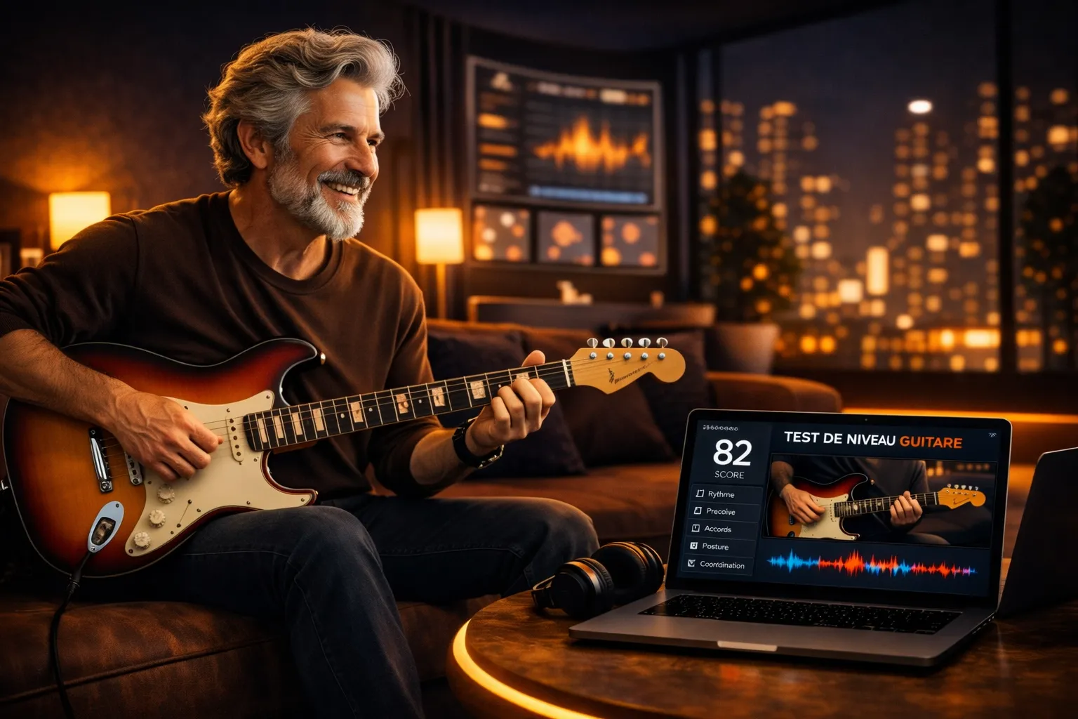 Interface sombre d'application Guitar Social Club avec guitare et analyse de jeu
