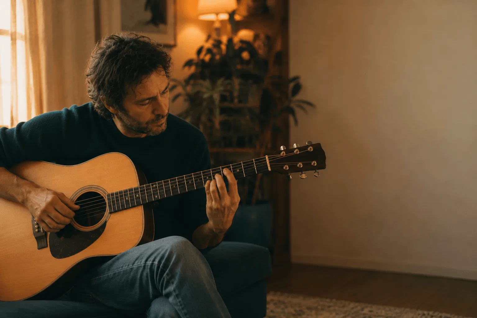 Guitariste adulte qui compose et structure sa musique
