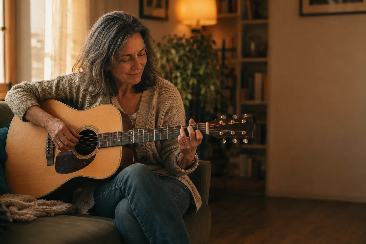 Guitariste adulte travaillant la guitare dans un cadre sérieux et inspirant