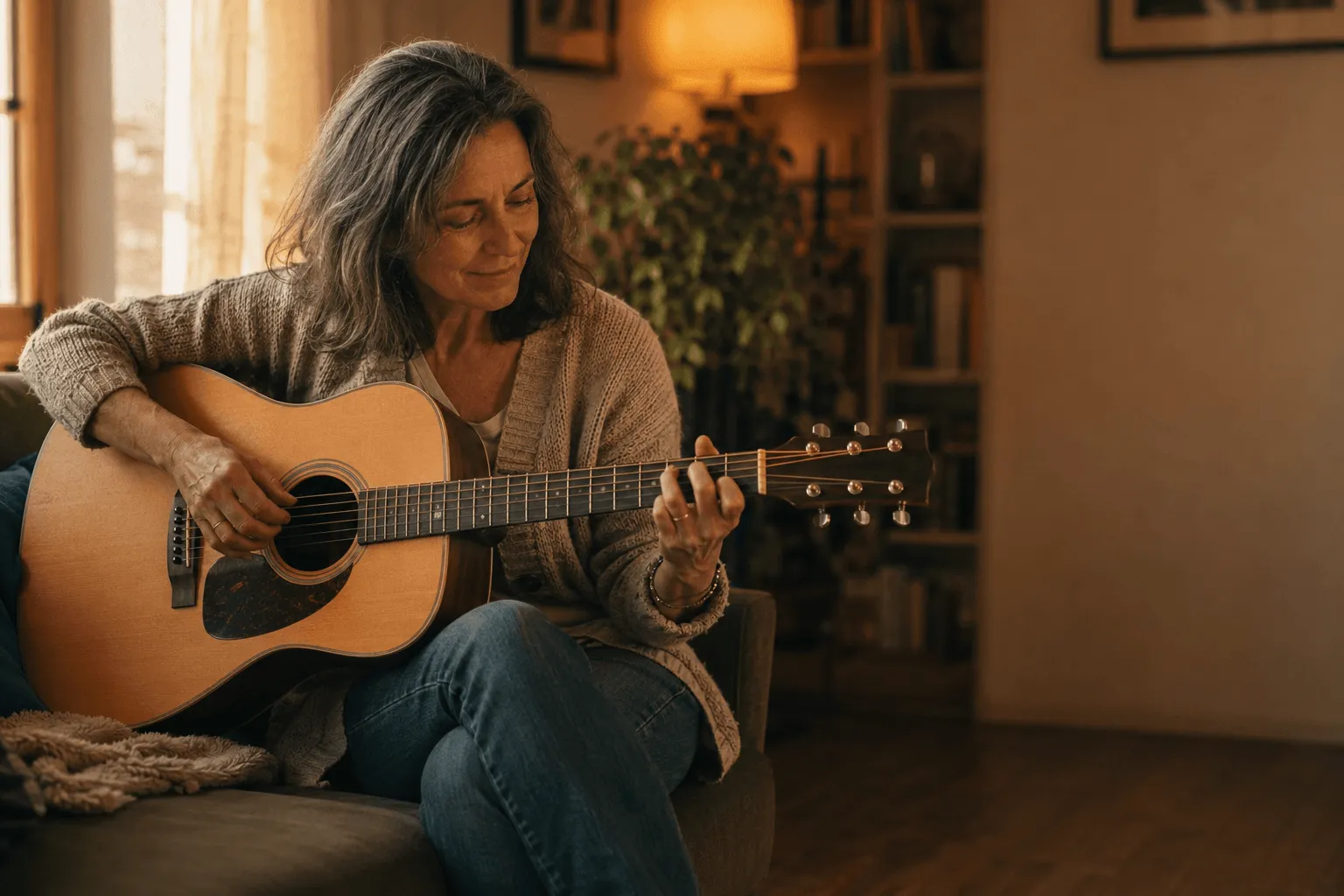 Guitariste adulte travaillant la guitare dans un cadre sérieux et inspirant