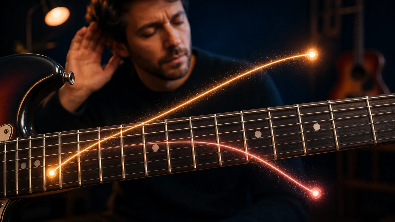 Deux trajectoires lumineuses montante et descendante sur un manche de guitare