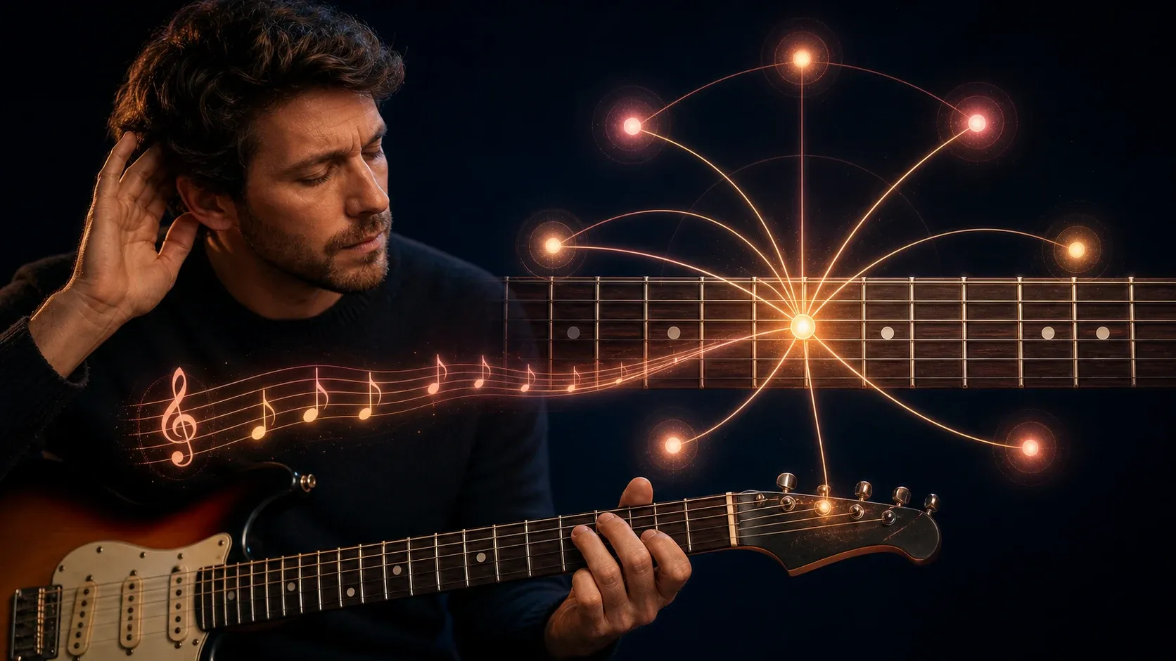 Note tonique lumineuse entourée d'intervalles sur un manche de guitare