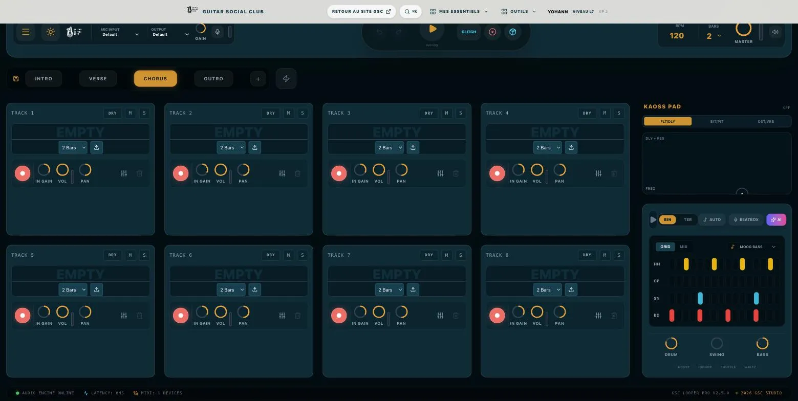Jam Studio : séquenceur de batterie avec un groove chargé, grille rythmique colorée
