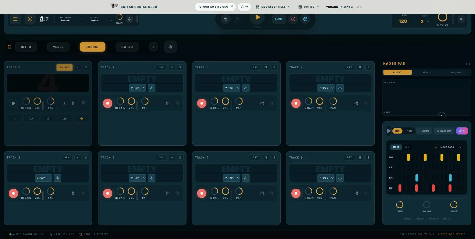 Jam Studio : une piste en cours d'enregistrement avec ses contrôles, sur fond de station multipistes