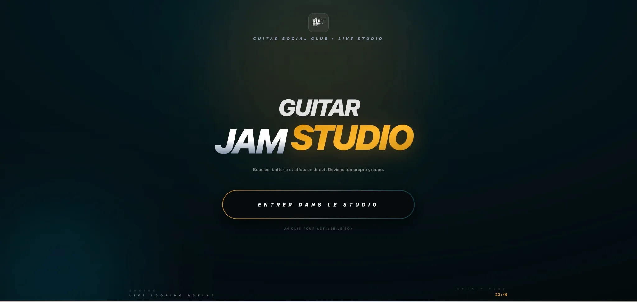 Jam Studio : écran d'accueil avec le bouton de démarrage, prêt à jouer