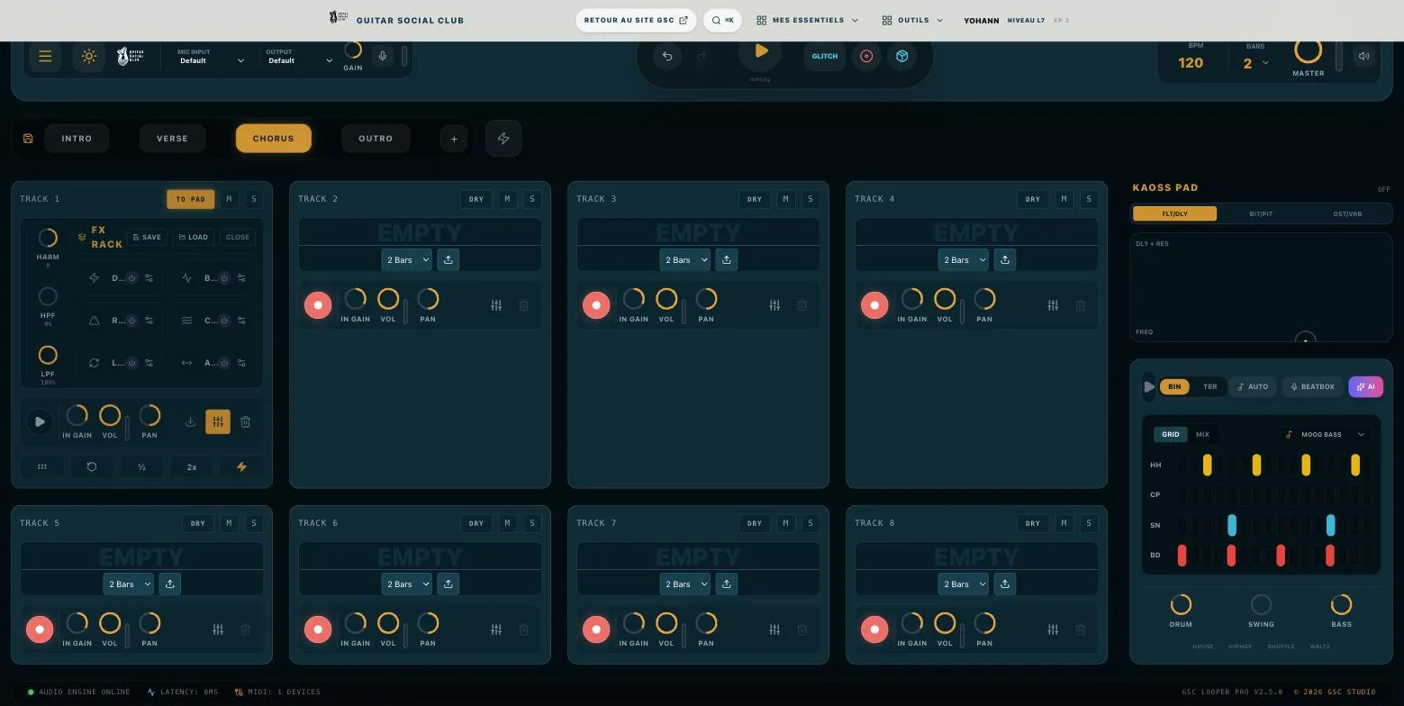 Jam Studio : rack d'effets déployé sur une piste avec ses différents modules