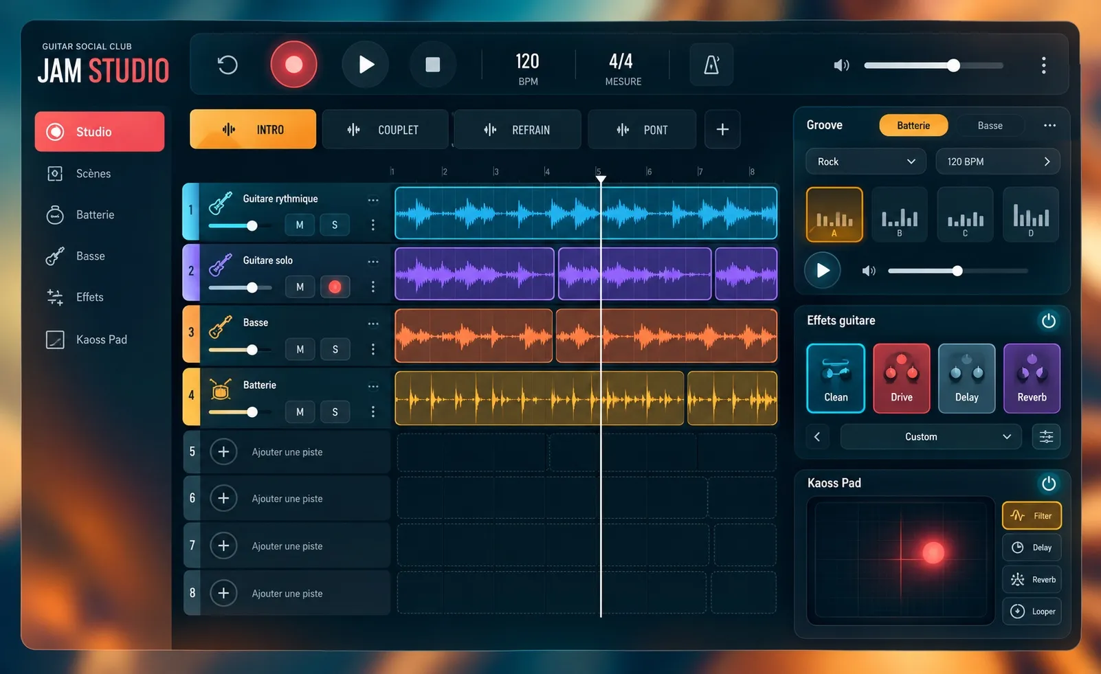 Jam Studio : le panneau groove, batterie et basse, au-dessus des pistes en boucle