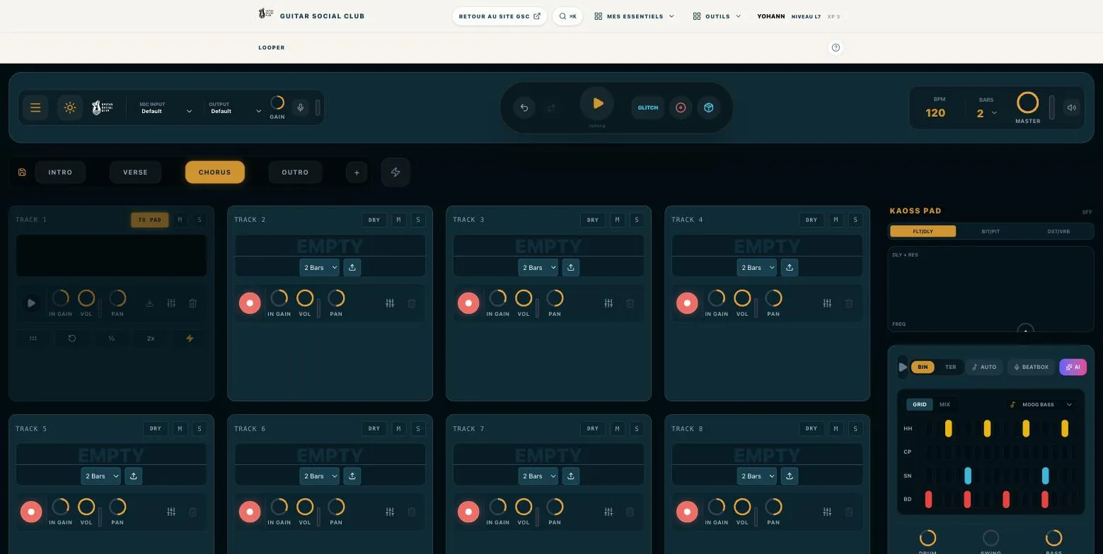 Interface de Jam Studio en action : scène active, groove en place et piste chargée