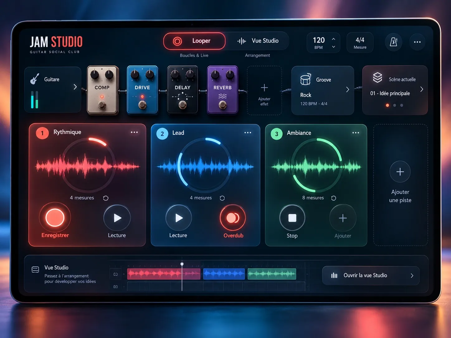 Jam Studio : le looper, avec ses pédales d'effets et ses pistes en boucle