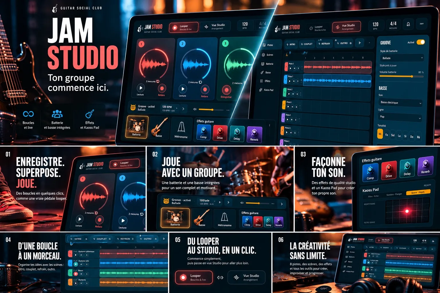 Jam Studio en six temps : enregistre, joue avec un groupe, façonne ton son, d'une boucle à un morceau, du looper au studio en un clic, la créativité sans limite