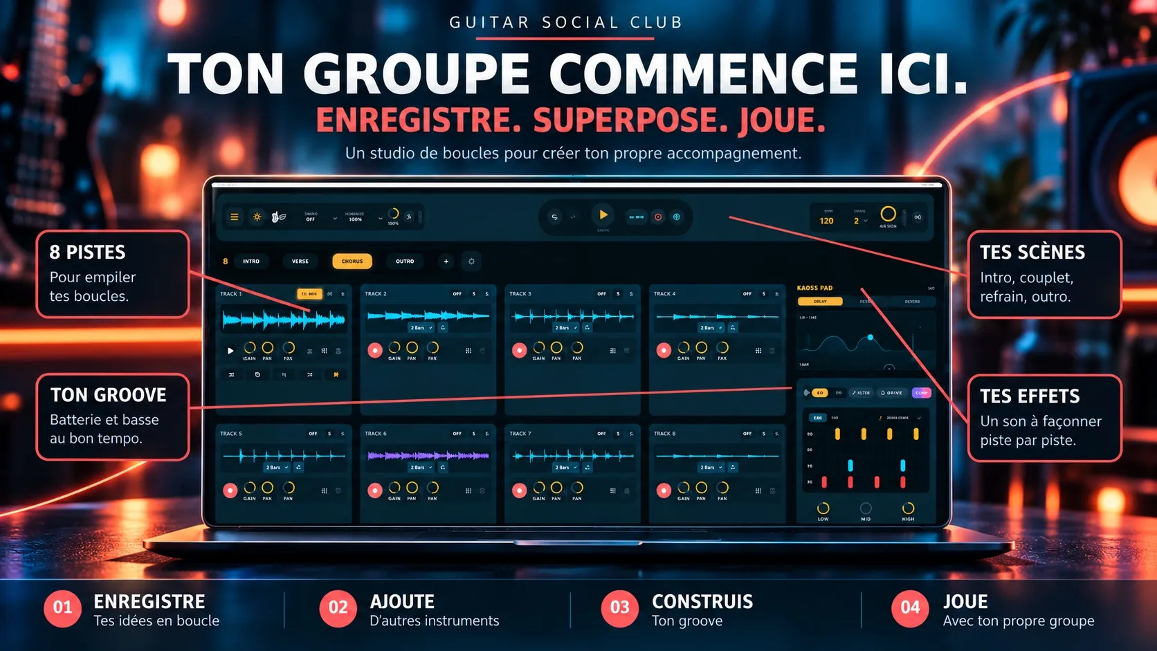 Ton groupe commence ici : enregistre, superpose, joue. Huit pistes pour empiler tes boucles, ton groove, tes scènes et tes effets.