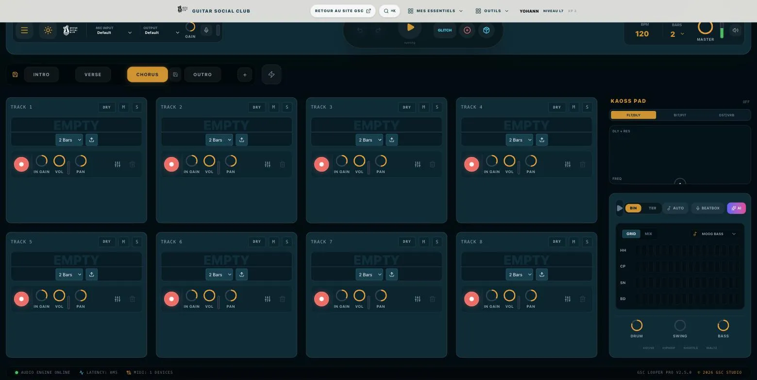 Jam Studio : barre de scènes avec la scène refrain active