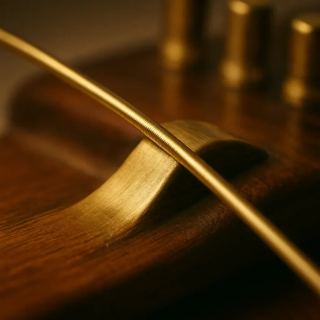 Détail du sitar : cordes principales, cordes sympathiques, chevalet jawari et frettes mobiles