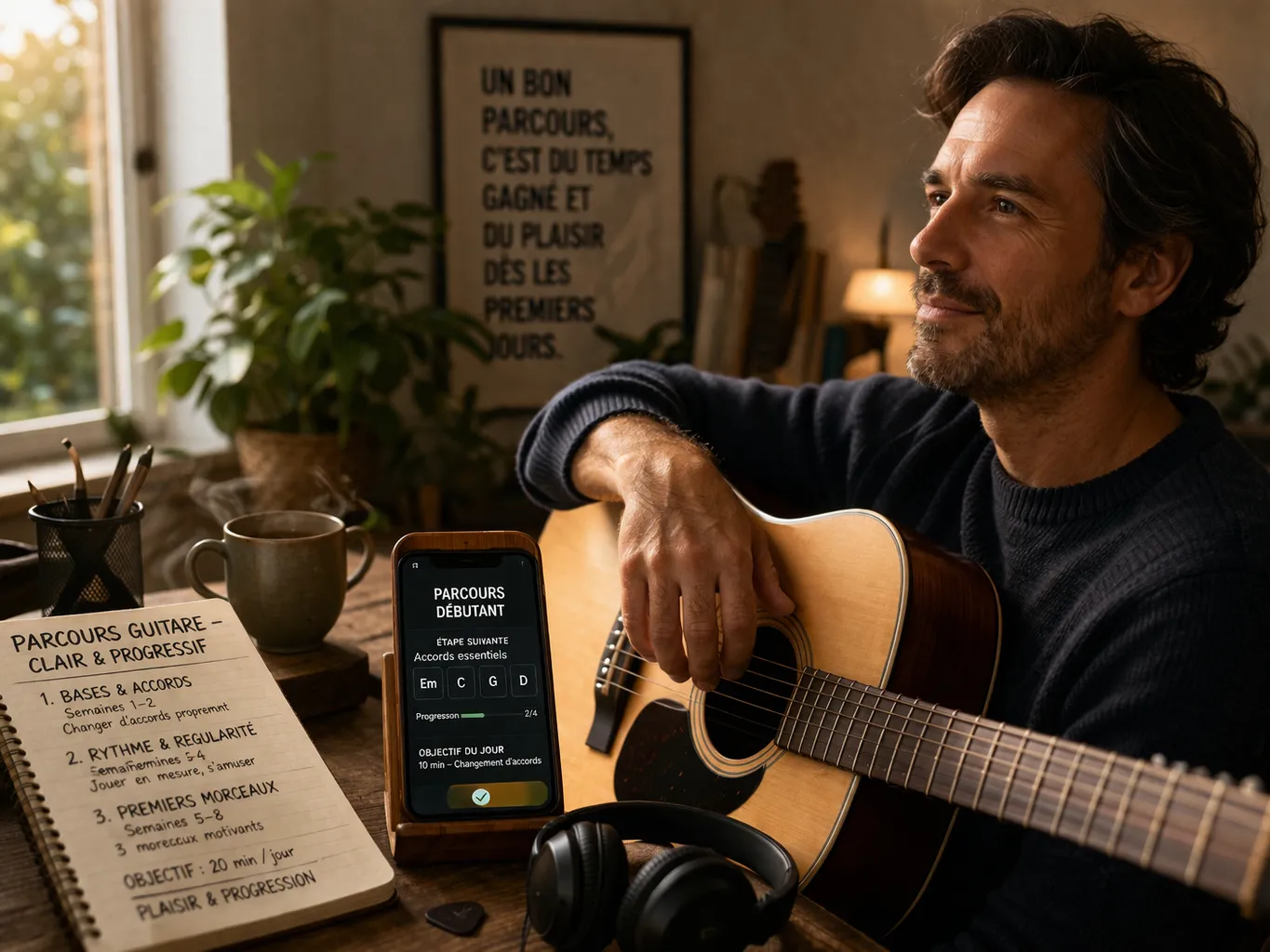 Adulte qui commence la guitare avec emotion