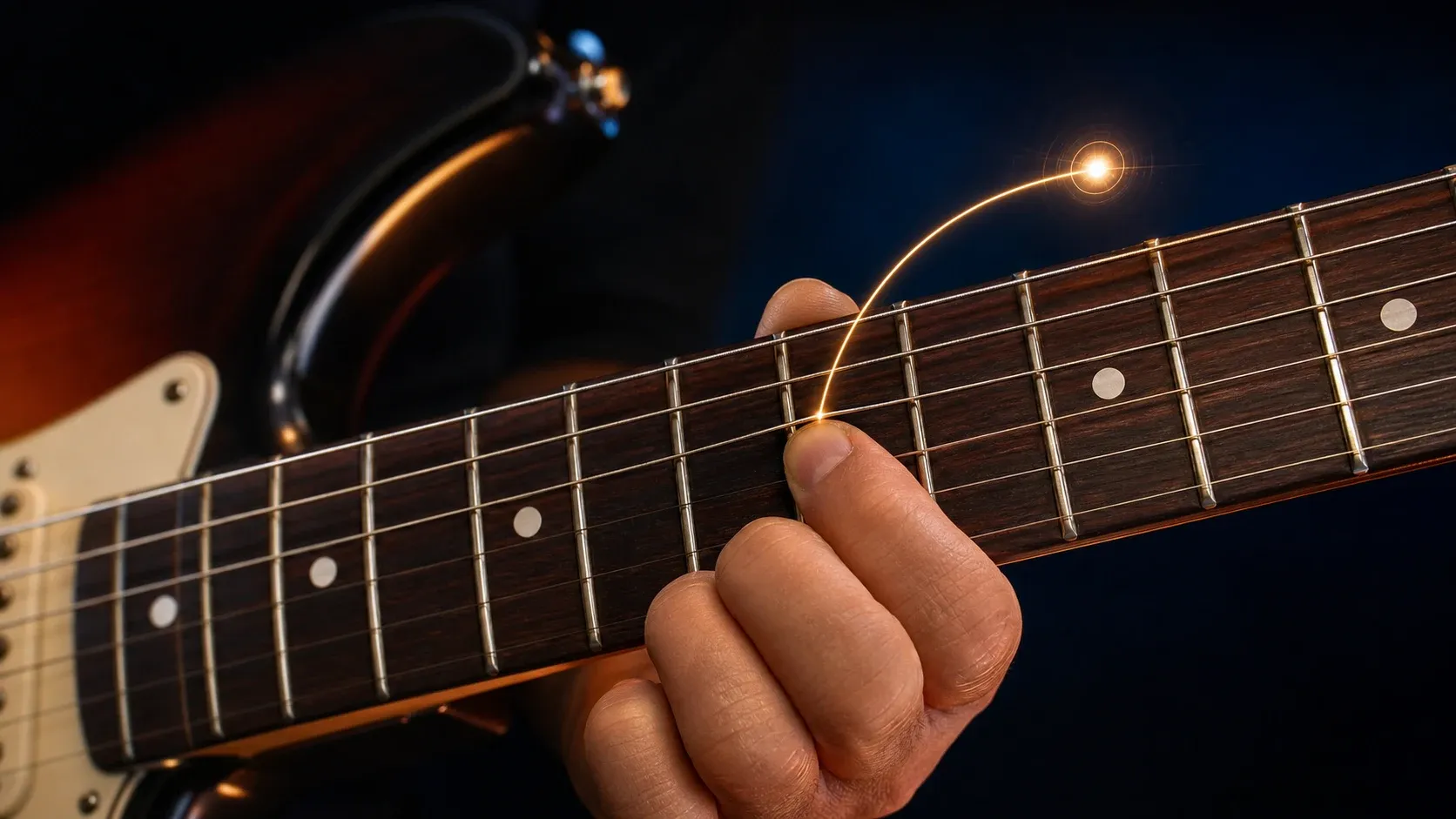 Corde de guitare tirée vers une note cible lumineuse pour jouer un bend juste