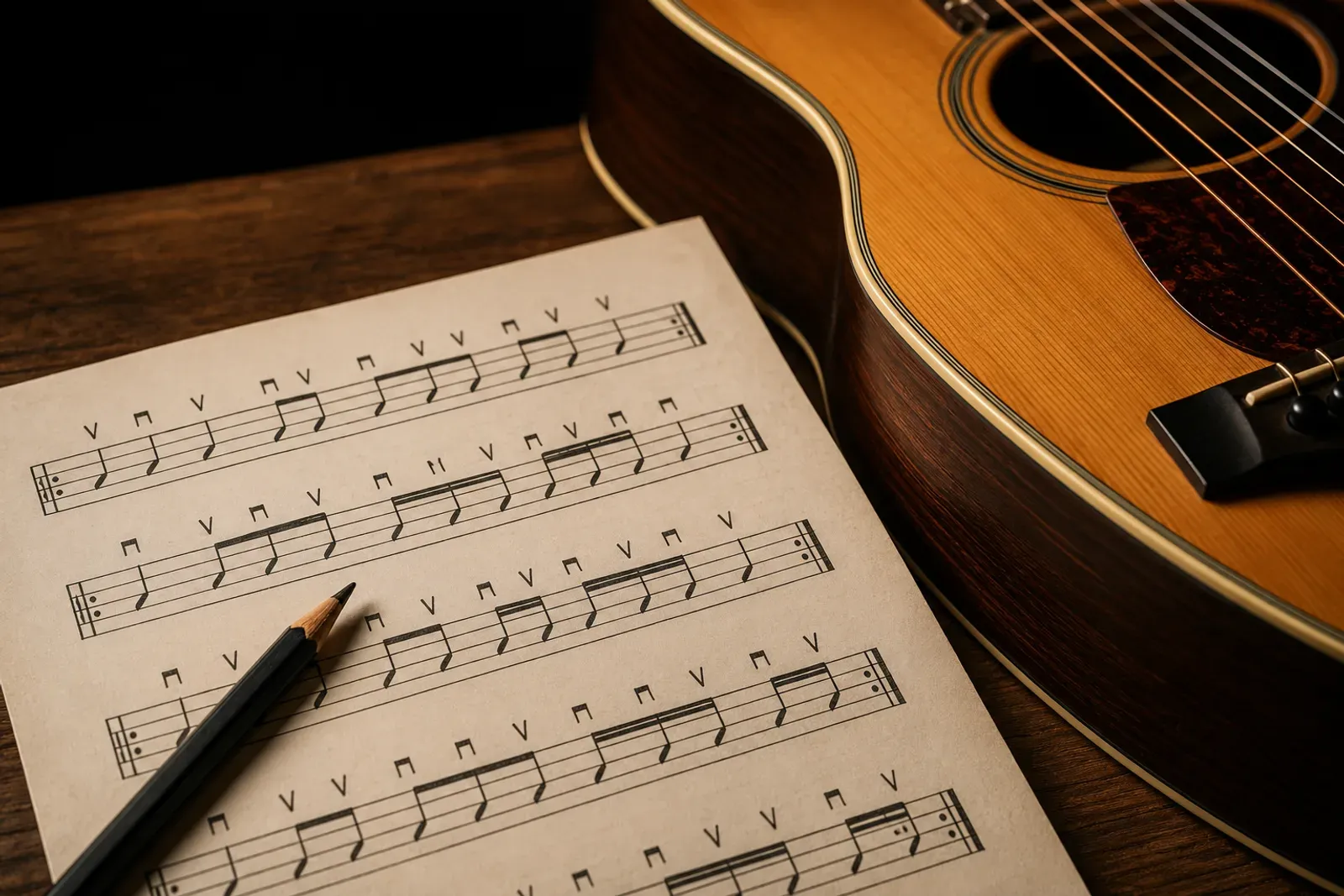 Partition de rythmique guitare avec symboles bas-haut posée à côté d'une guitare acoustique, crayon en main