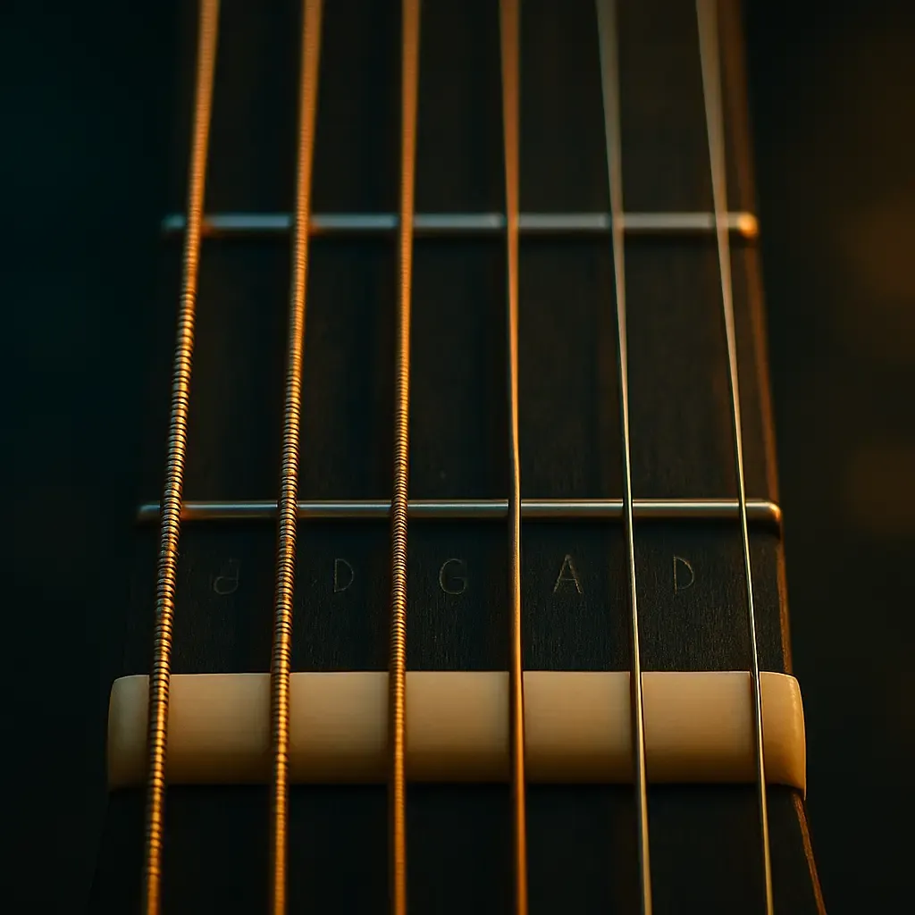 Cordes affichées sur le manche en EADGAD : E A D G A D