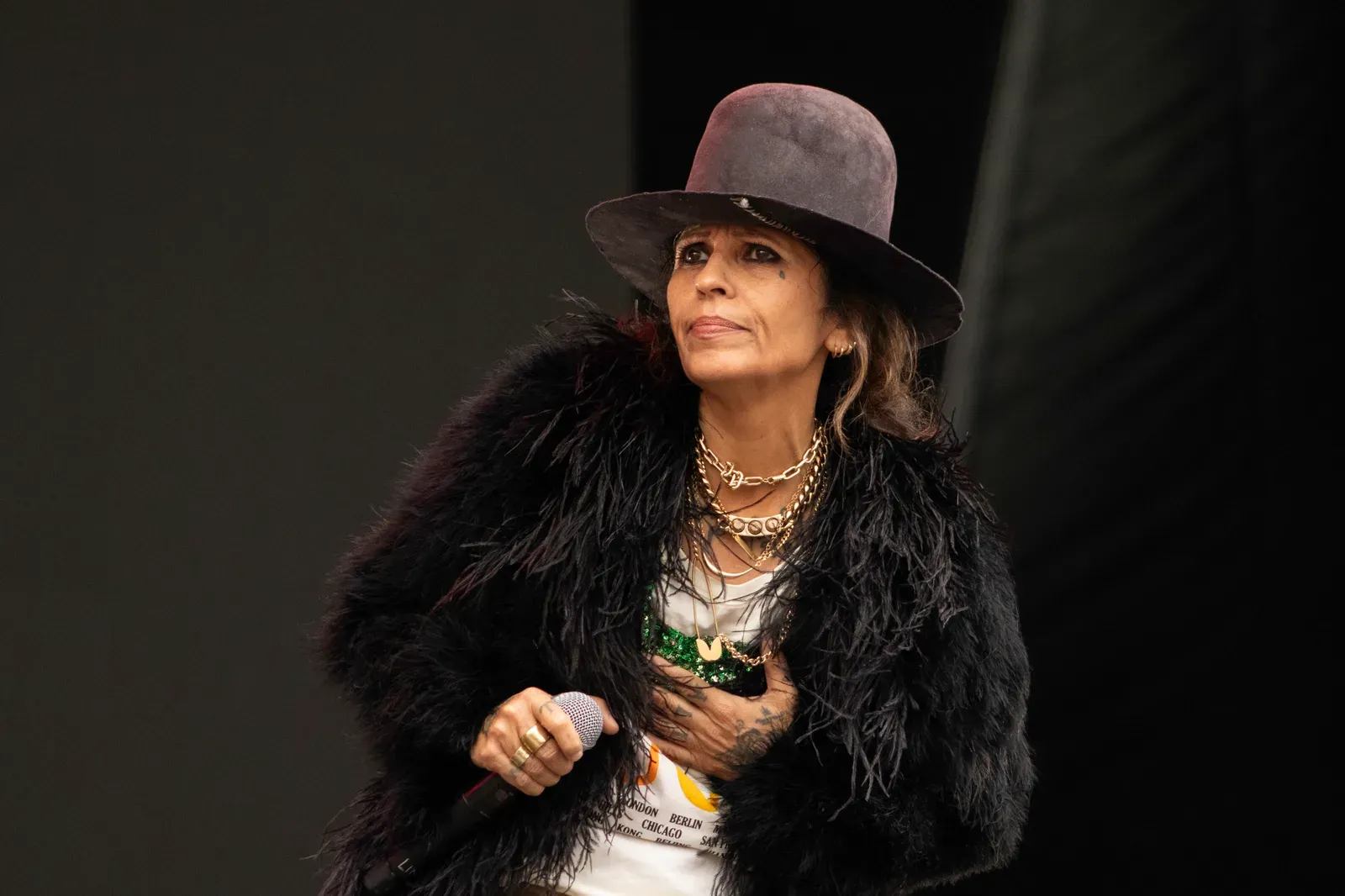 Linda Perry sur scène en 2024, chapeau et micro à la main