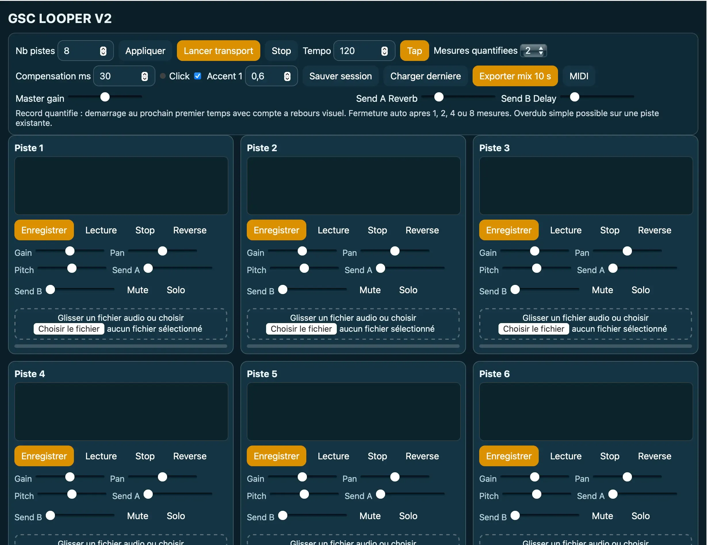 Interface du looper logiciel GSC Looper v2 avec pistes multiples