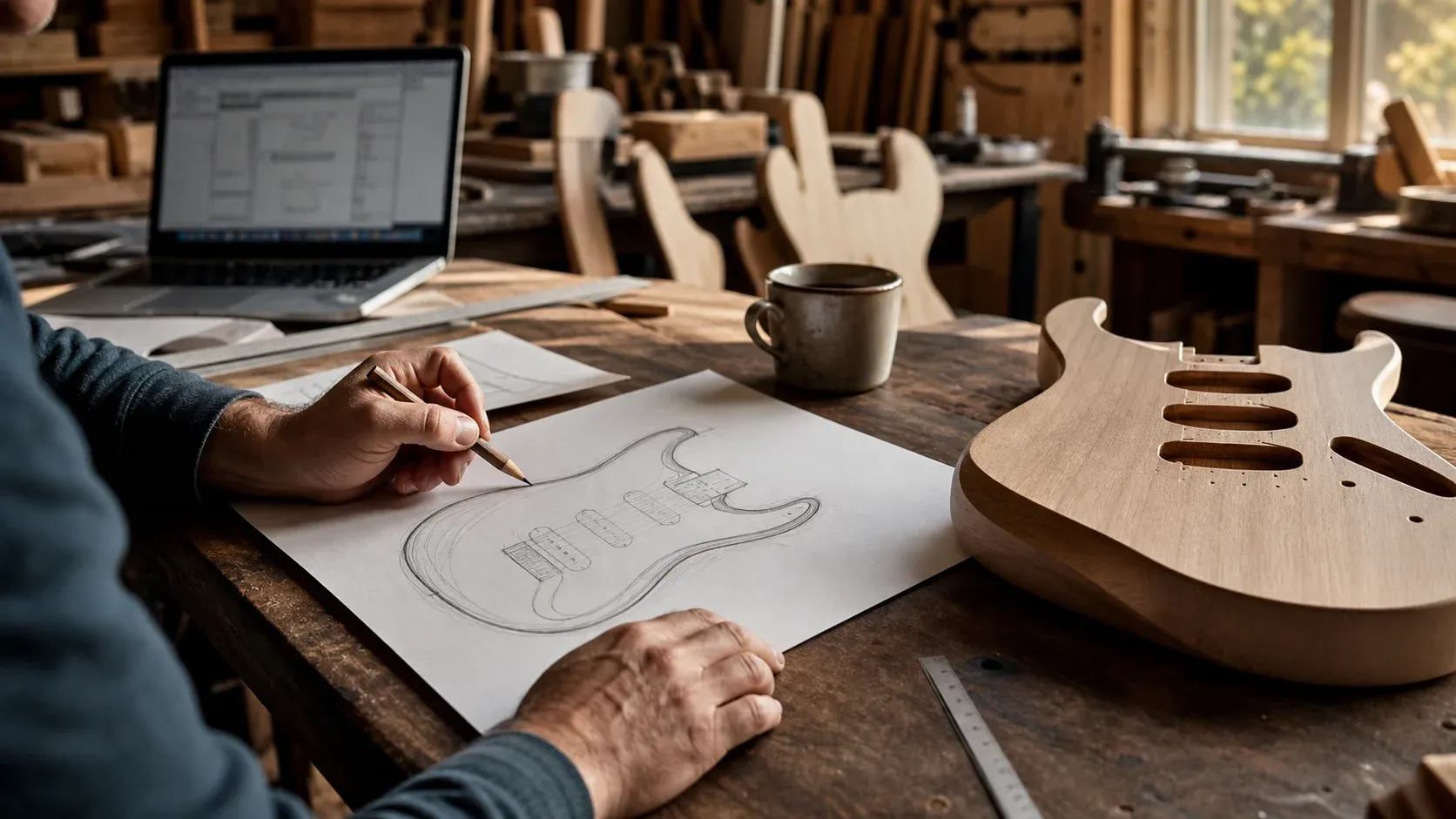 Luthier dessinant une guitare S-style redessinée dans un atelier