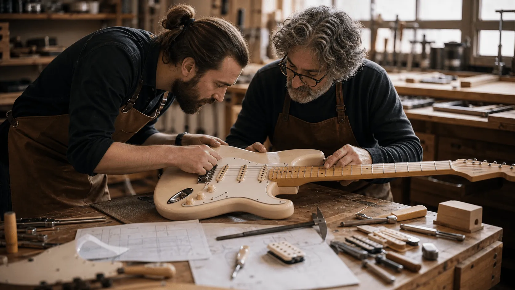 Deux luthiers travaillent sur une guitare électrique de type Strat dans un atelier