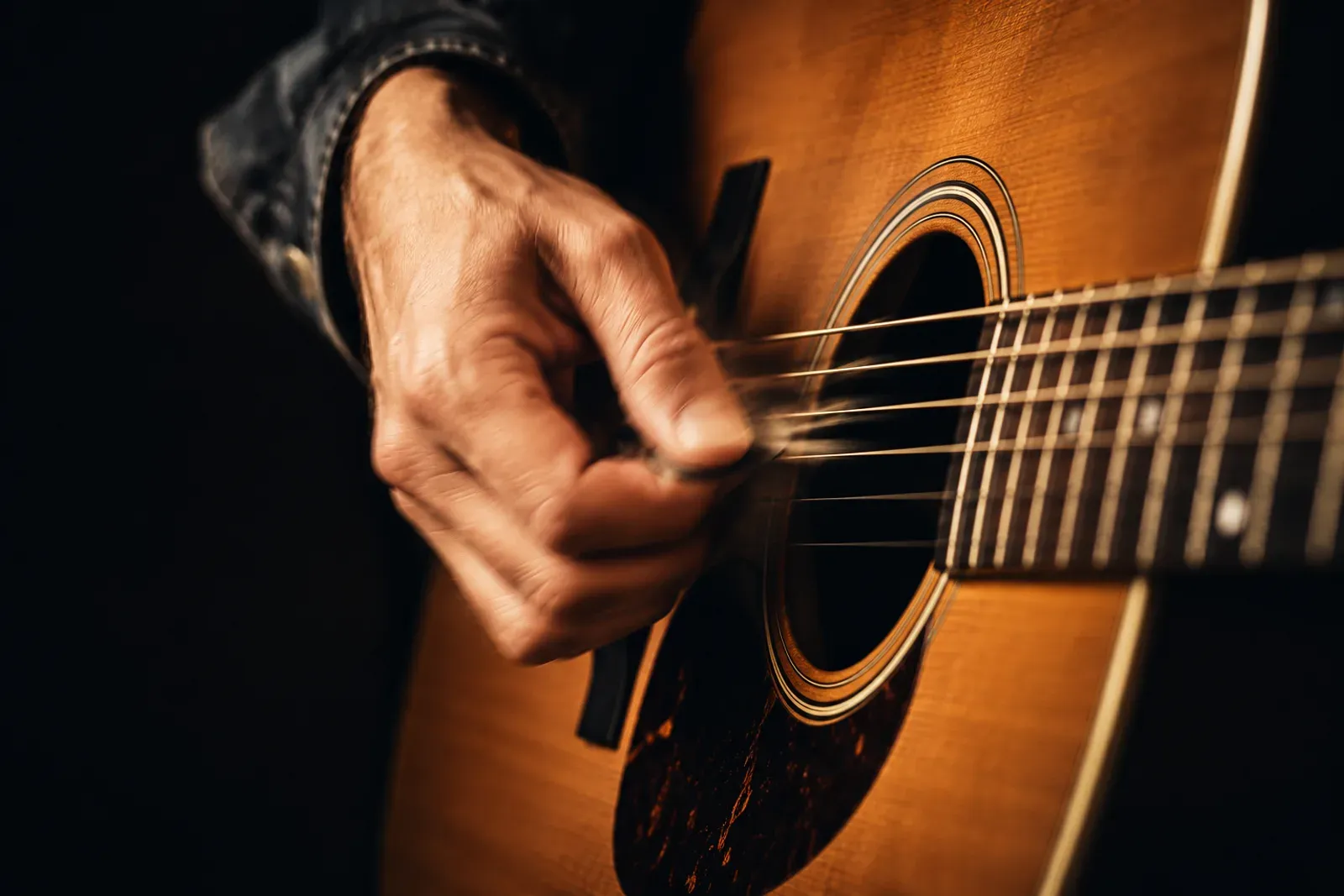 Macro sur une main droite grattant les cordes d'une guitare acoustique, flou de mouvement sur les doigts