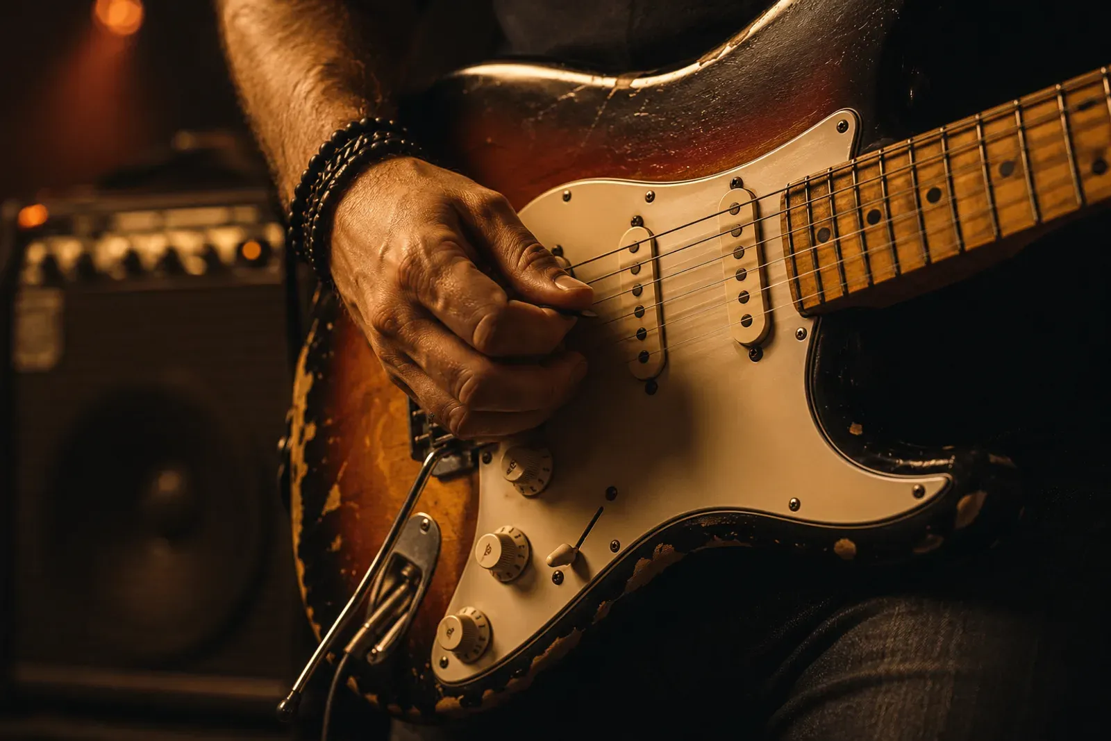 Gros plan sur la main droite d'un guitariste en plein gratté avec flou de mouvement sur le médiator