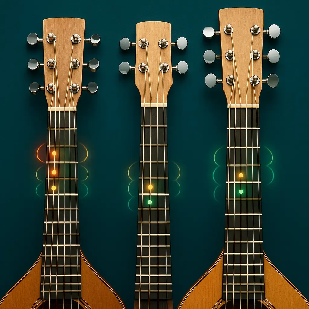 Repères sur le manche : positions des cordes G, D, A, E sur une mandoline