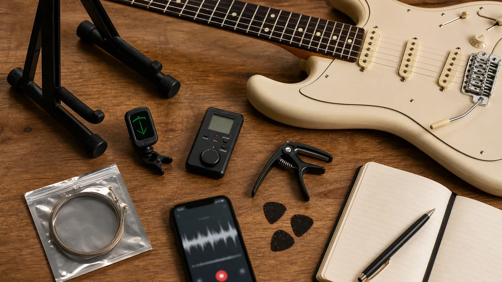 Matériel minimum pour progresser à la guitare : guitare, accordeur, métronome, capo, médiators et carnet