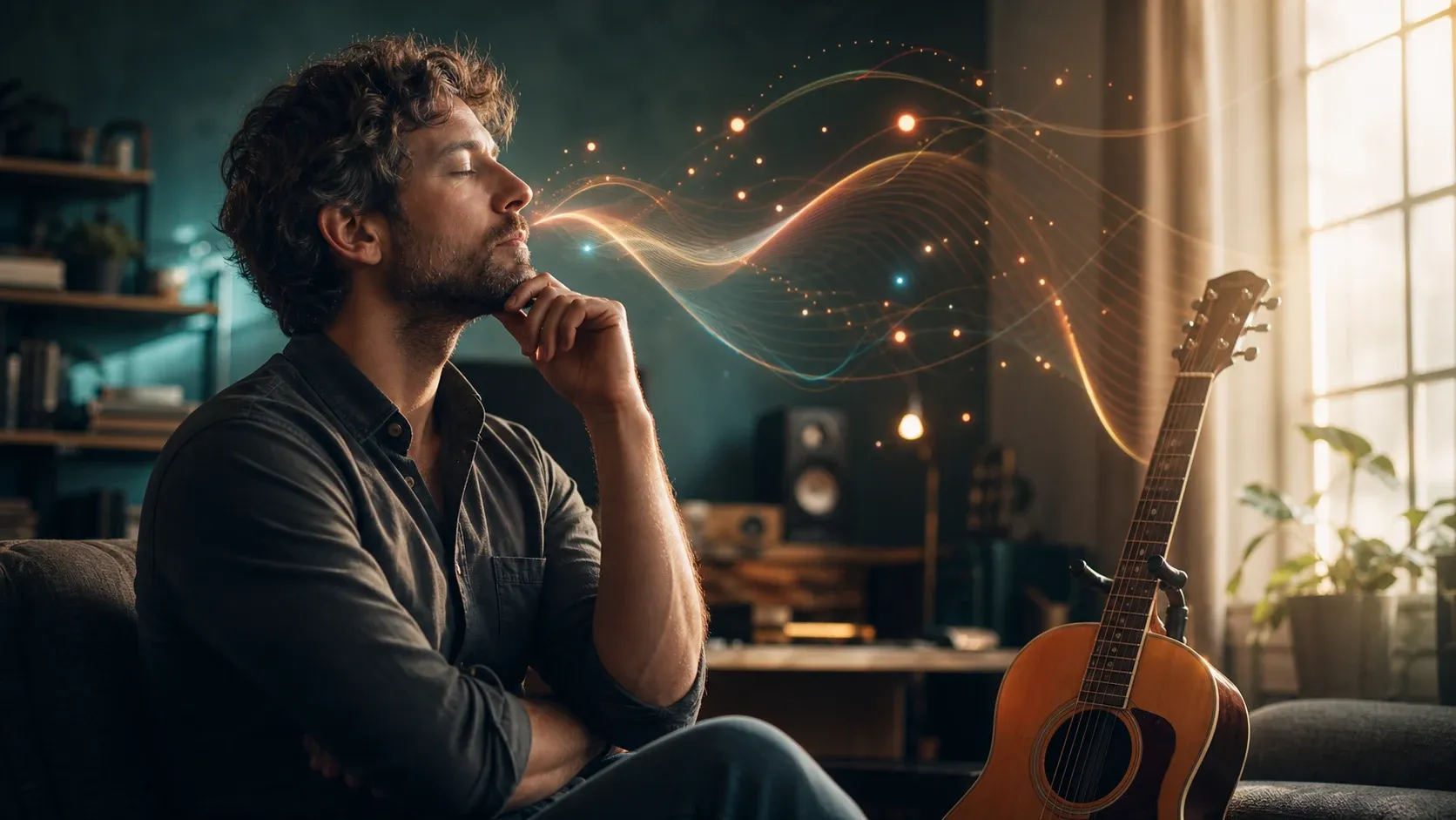 Guitariste imaginant une mélodie intérieure avant de jouer