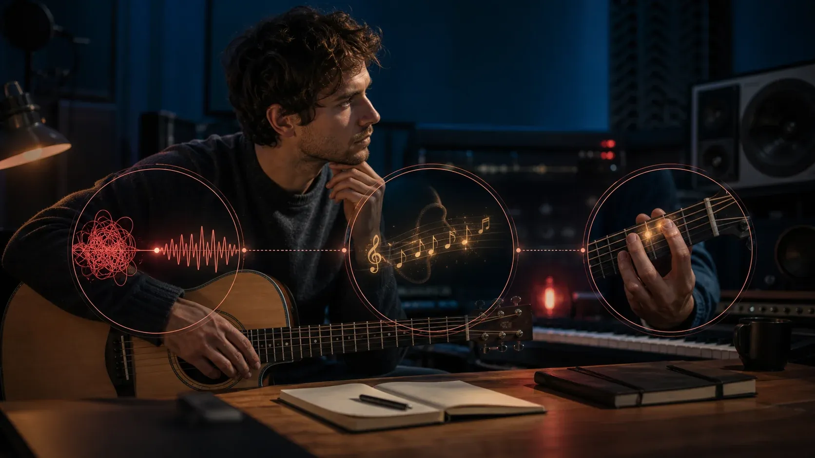 Guitariste observant plusieurs signes concrets de progression auditive