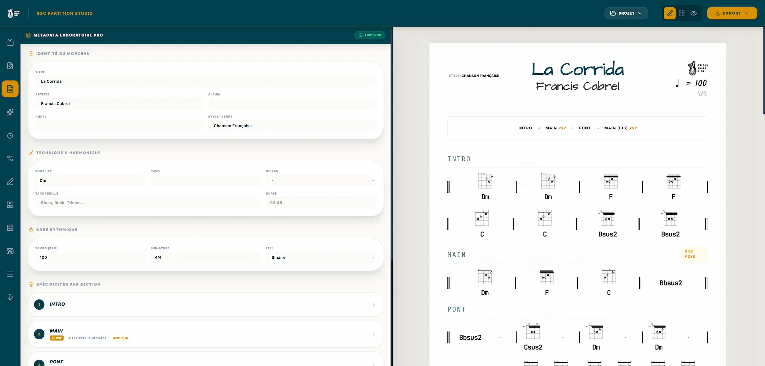 Metadonnees Guitar Partition Studio