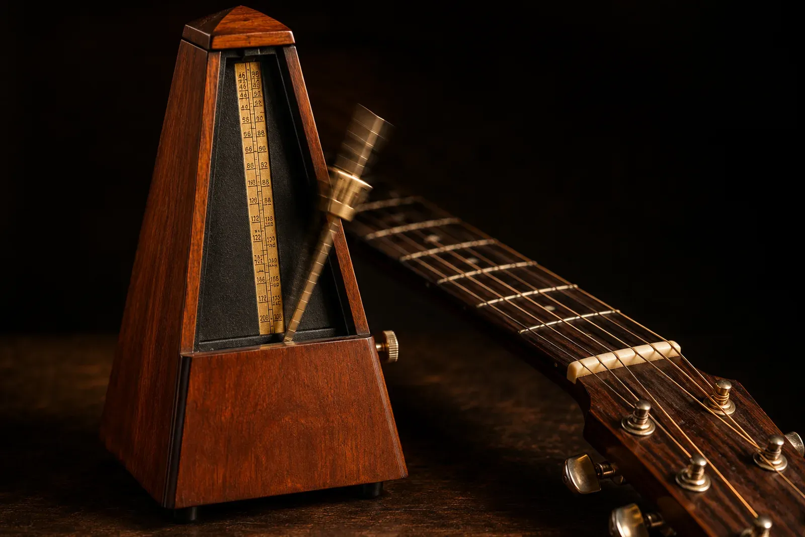 Métronome mécanique en bois posé à côté du manche d'une guitare acoustique, aiguille en mouvement