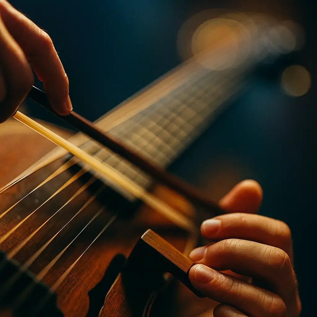 Jeu de nyckelharpa : archet perpendiculaire, main gauche sur les clés