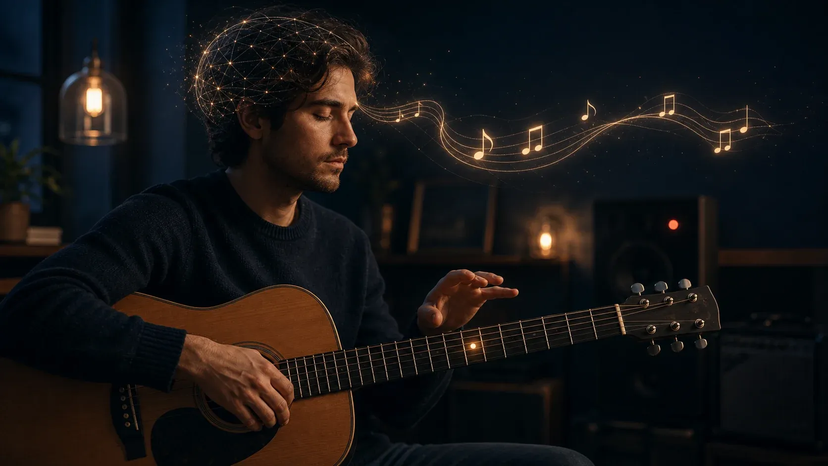 Guitariste imaginant une phrase musicale avant de toucher le manche