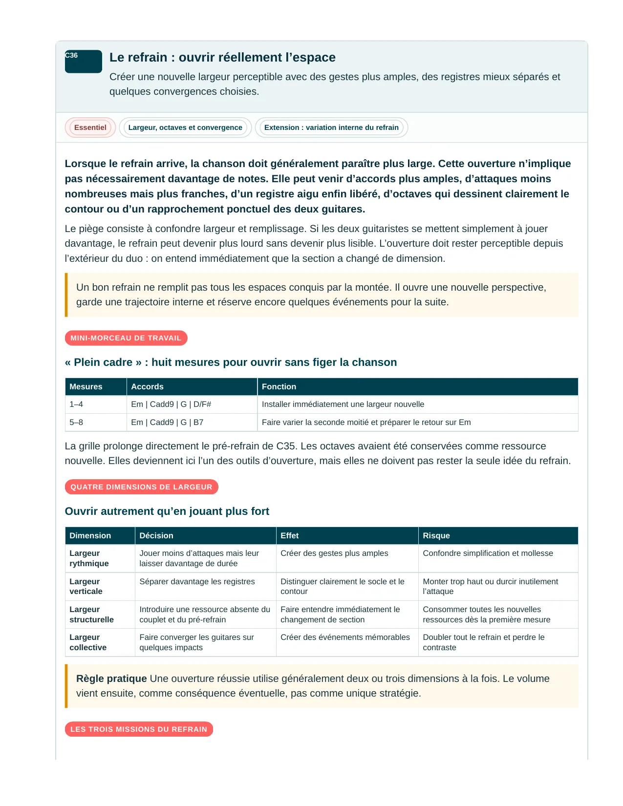 Page du livre Comment jouer à 2 guitares ? - Tome 2 : Le refrain : ouvrir réellement l’espace, sans confondre largeur et remplissage