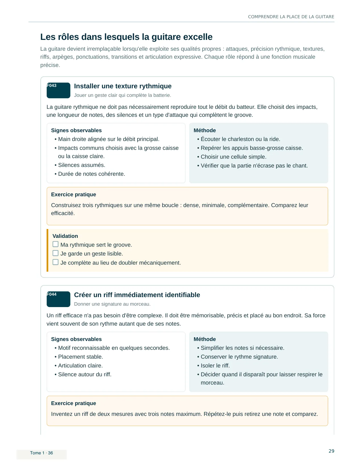 Page du livre Jouer en groupe sans se perdre : Les rôles dans lesquels la guitare excelle : signes observables, méthode, exercice et validation