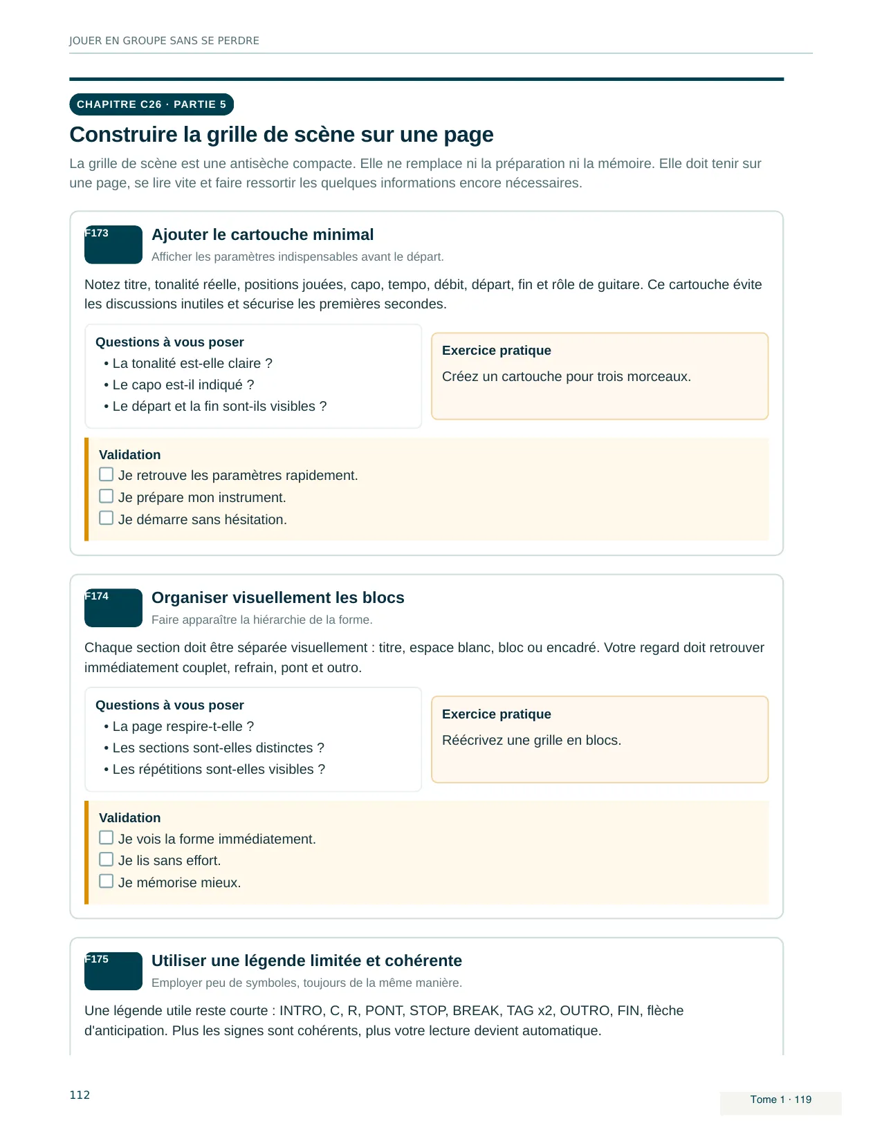 Page du livre Jouer en groupe sans se perdre : Construire la grille de scène sur une page : le cartouche minimal et les blocs visuels