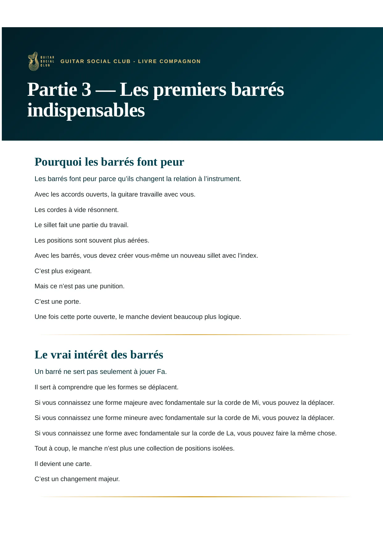 Page du livre 50 accords pour jouer 95% des morceaux : Pourquoi les barrés font peur, et leur vrai intérêt : les formes se déplacent, le manche devient une carte