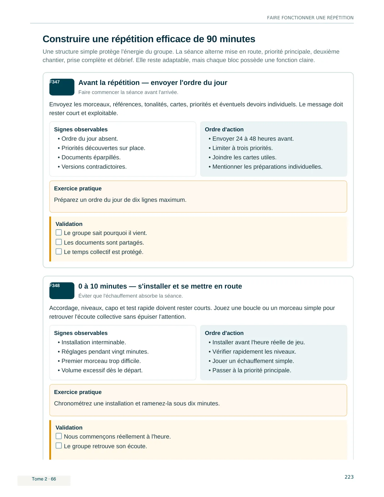 Page du livre Jouer en groupe sans se perdre - Tome 2 : Construire une répétition efficace de 90 minutes : chaque bloc possède une fonction claire