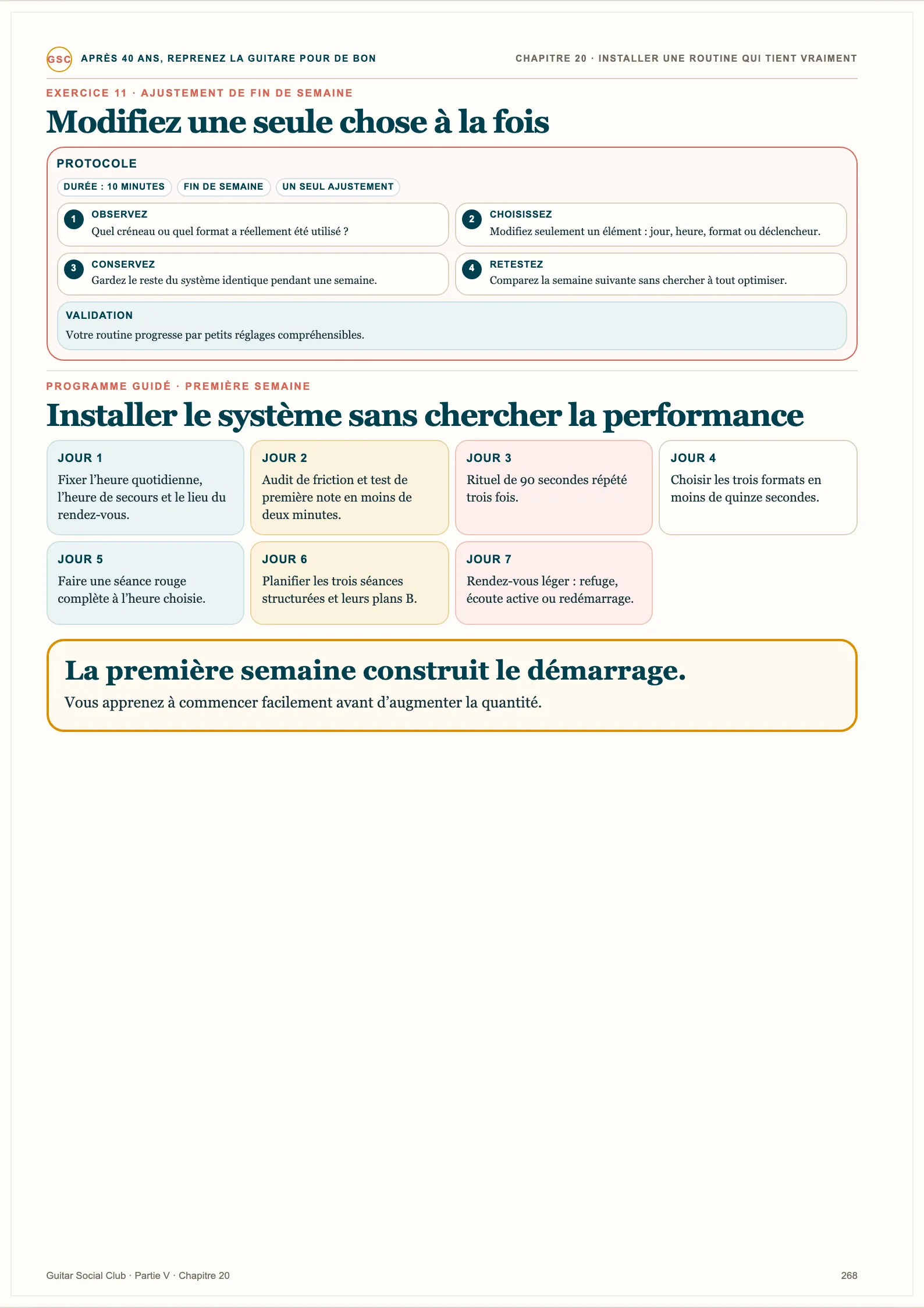 Page du livre Reprenez la guitare pour de bon - Volume 2 : Installer la routine sans chercher la performance : le programme guidé de la première semaine