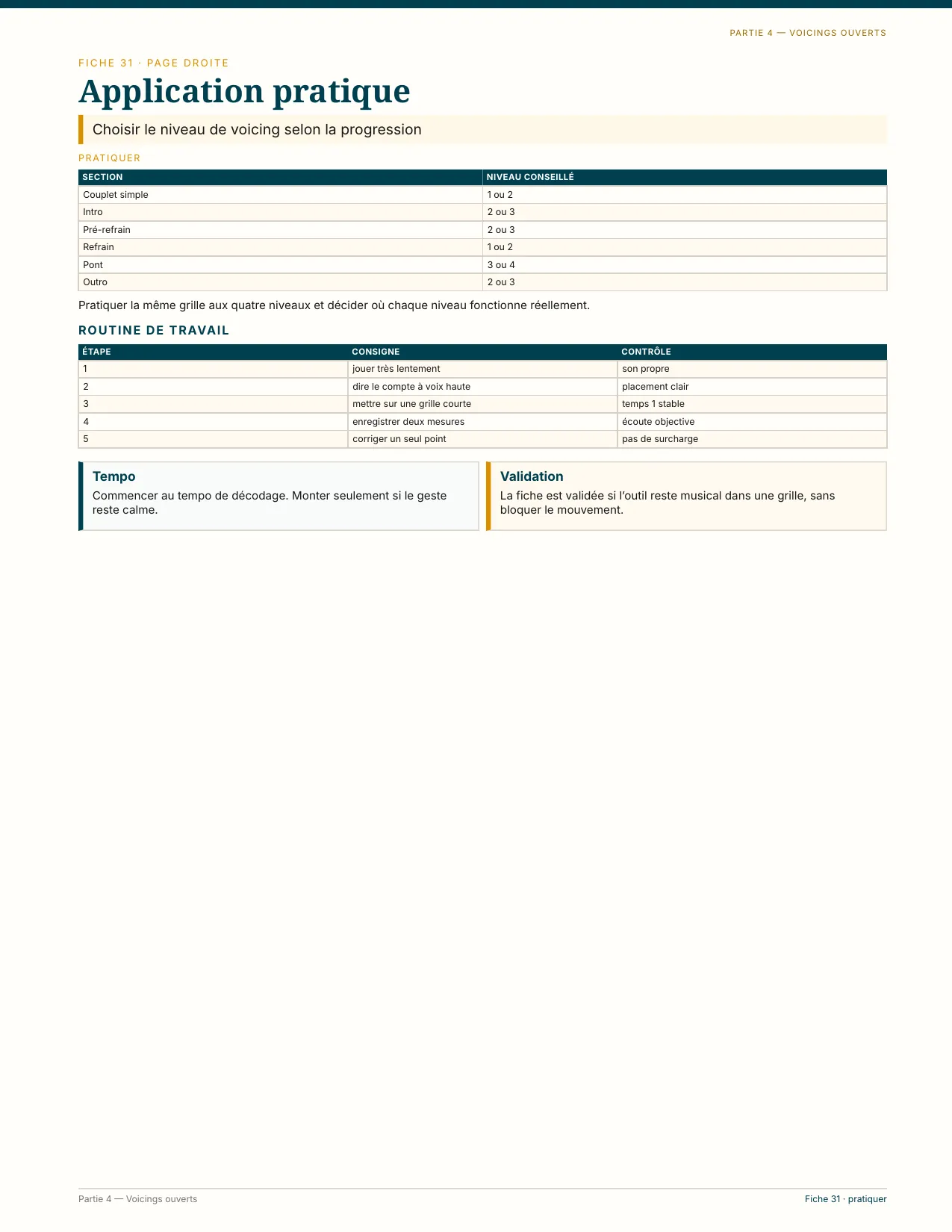 Page du livre 50 jours de guitare pour progresser - Vol. 7 L7 Avancé : Choisir le niveau de voicing selon la section : couplet, refrain, pont, avec la routine de travail (fiche 31)