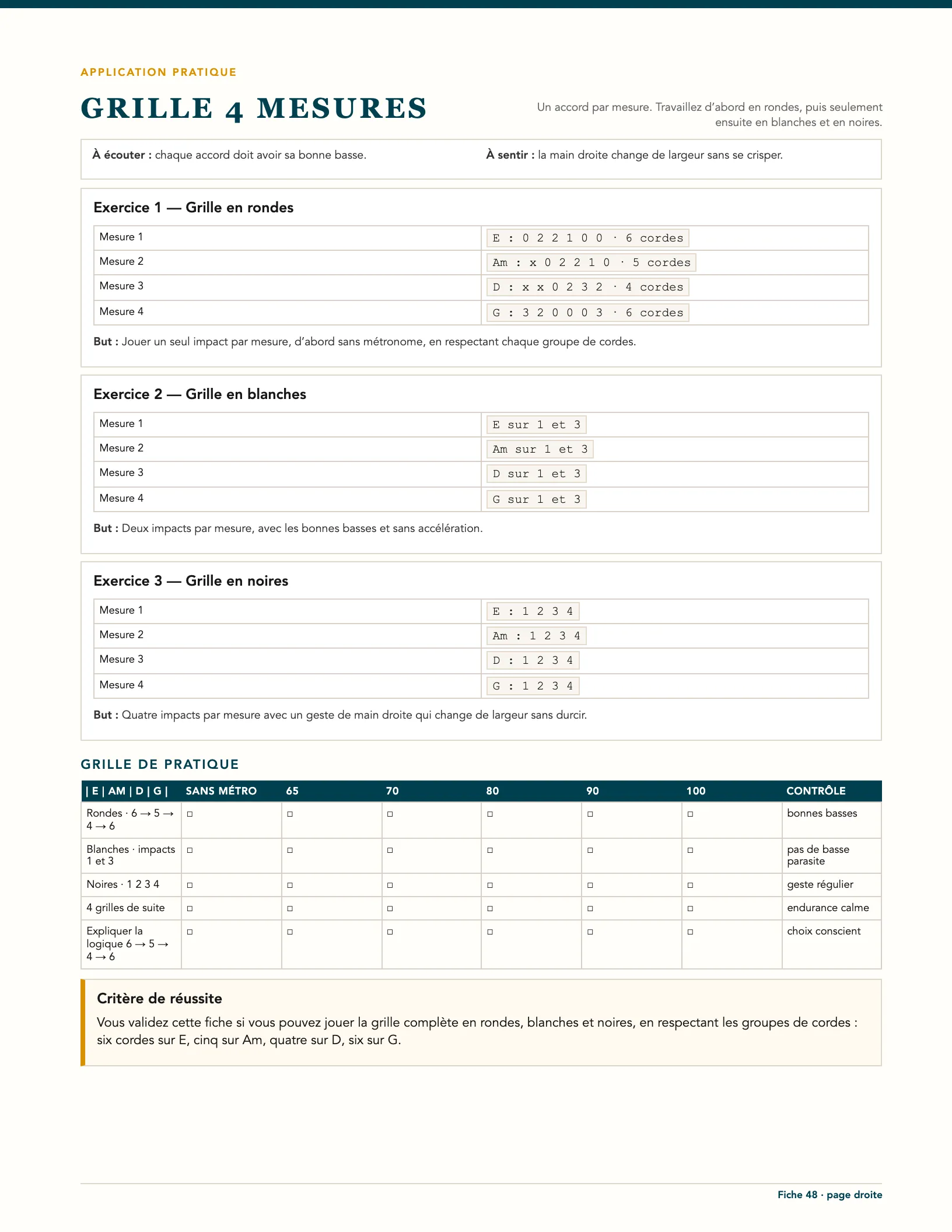 Page du livre 50 jours de guitare pour progresser - Vol. 1 L1 Grand débutant : Ta première grille complète E · Am · D · G : les trois exercices et la grille de pratique (fiche 48)