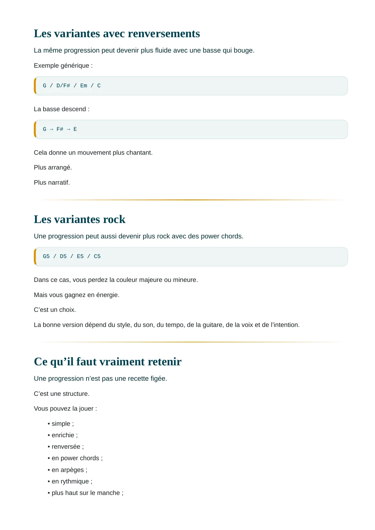 Page du livre 50 accords pour jouer 95% des morceaux : Les variantes d’une même progression : renversements avec basse qui descend, version rock en power chords