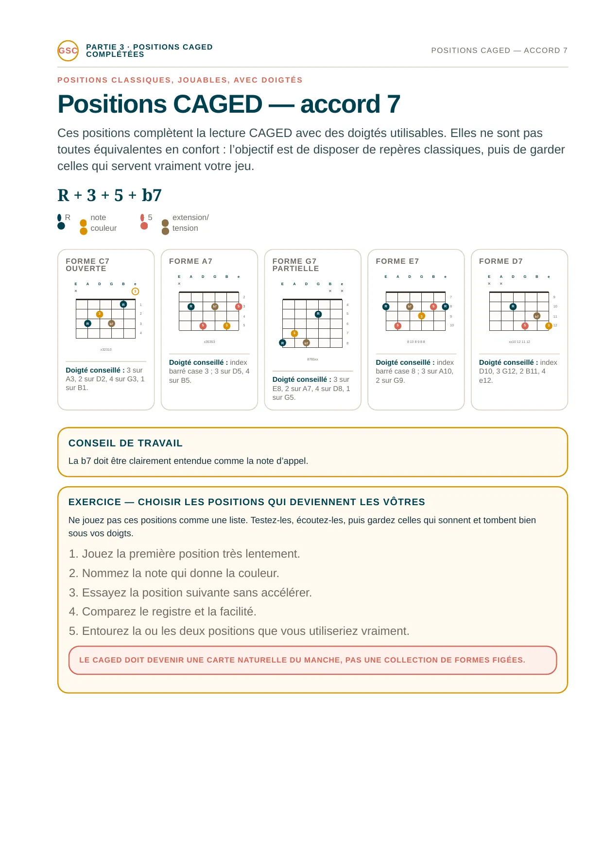 Page du livre La théorie musicale vraiment utile - Tome 1 : Positions CAGED de l’accord 7 : cinq formes jouables, avec doigtés conseillés
