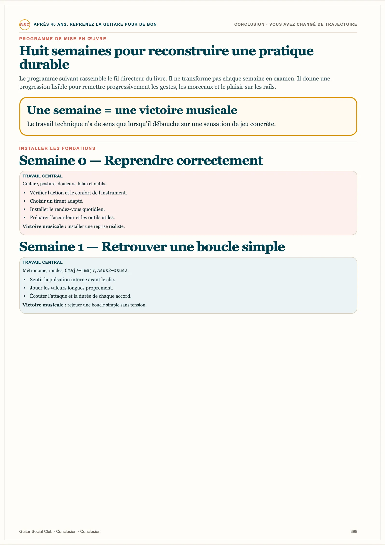 Page du livre Reprenez la guitare pour de bon - Volume 2 : Huit semaines pour reconstruire une pratique durable : le programme final, une semaine = une victoire musicale