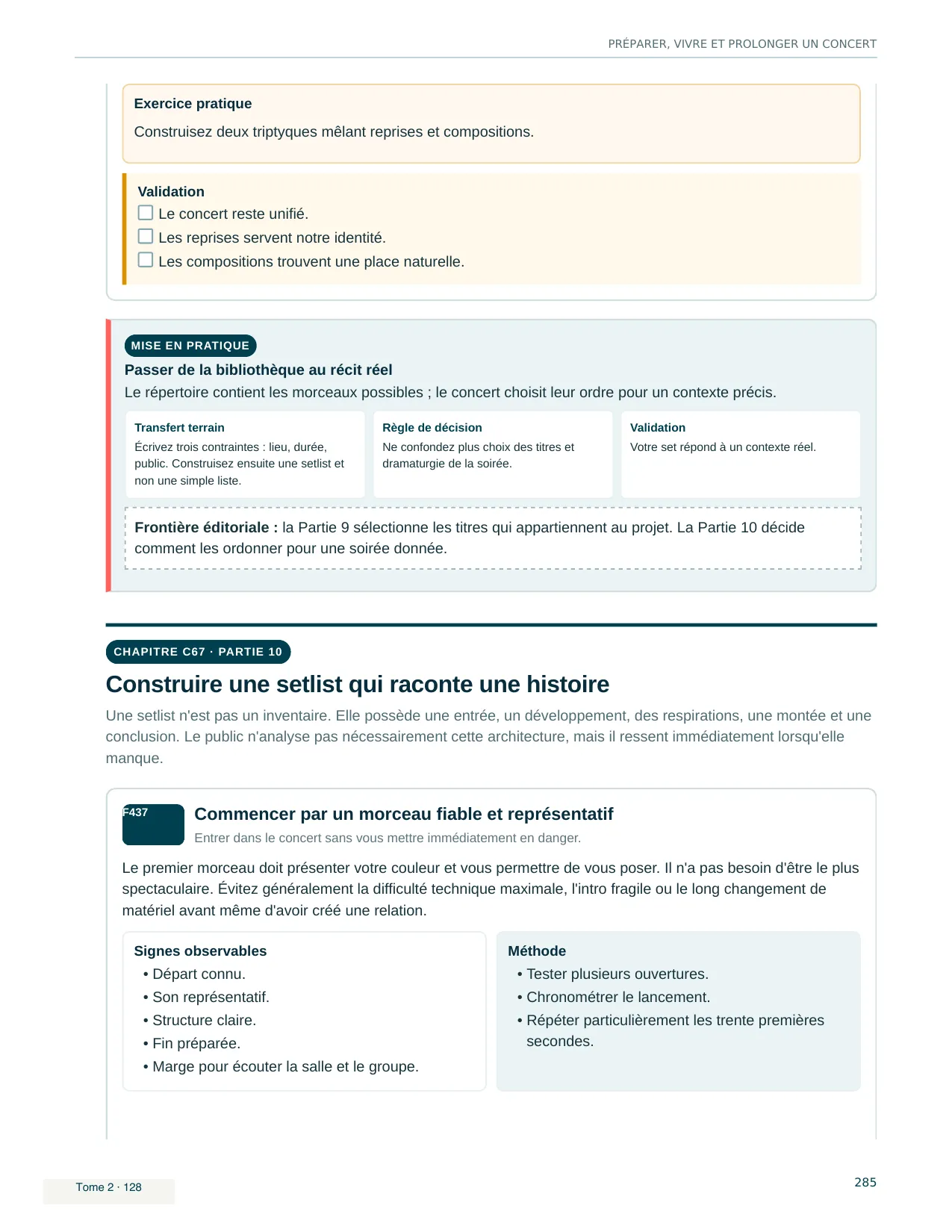 Page du livre Jouer en groupe sans se perdre - Tome 2 : Une setlist qui raconte une histoire : commencer par un morceau fiable et représentatif