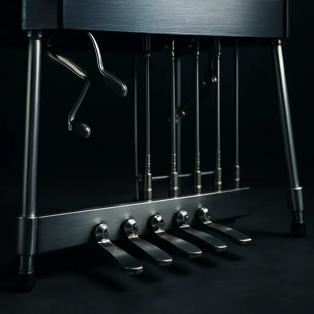 Pedal Steel Guitar double-neck chromée sur scène, reflets dorés, fond sombre et ambiance country moderne