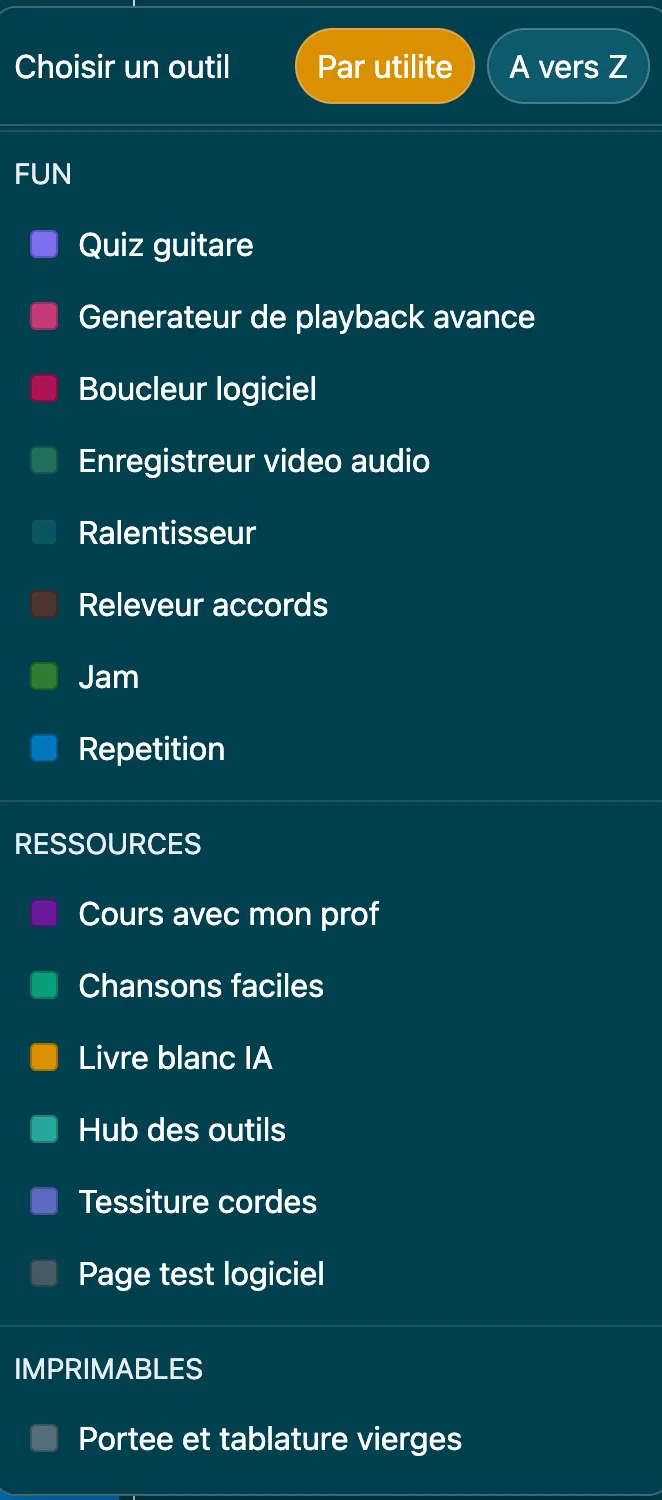 Menu du Guitar Planner — catégories d'outils